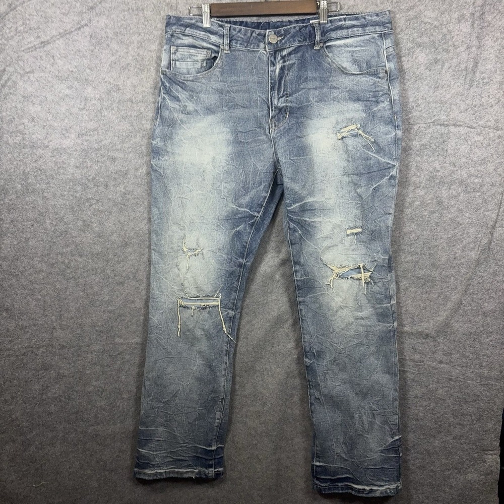 Smoke Rise Straight Jeans Mens 38x32 Blue Wave Distressed Fade Stretch